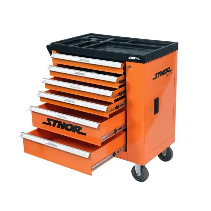 Verktøyskap Sthor, oransje metallvogn med seks skuffer, håndtak og hjul, sett skrått forfra med sort topp.