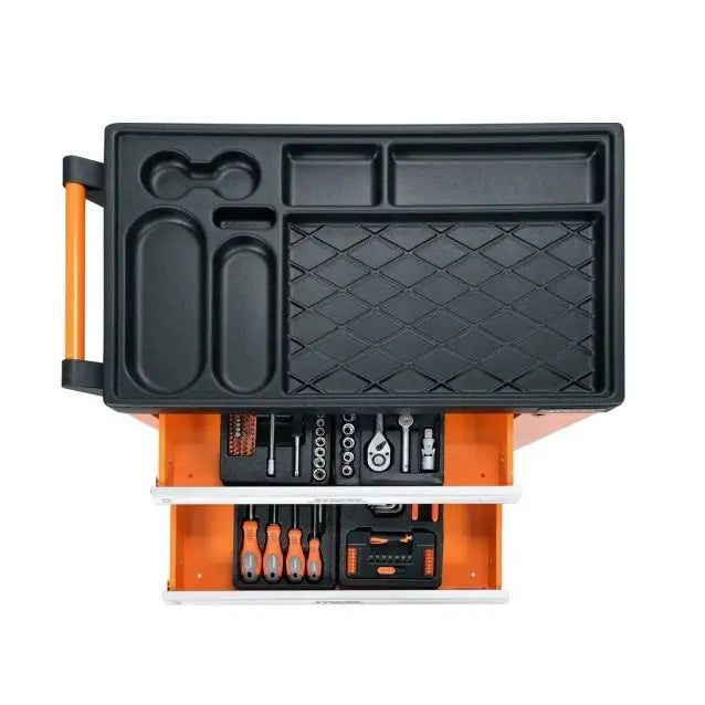 Verktøyskap Sthor med 6 skuffer, oversiktsbilde av to åpne skuffer med sorterte håndverktøy og plastrom på topplaten.