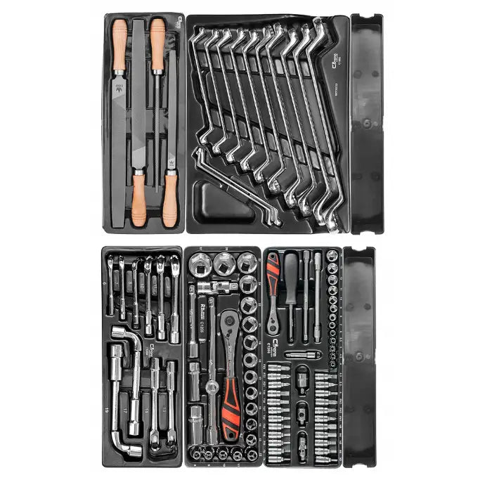 Verktøyskap vogn Corona, oversikt over fire brett med håndverktøy som filer, nøkler og piper.