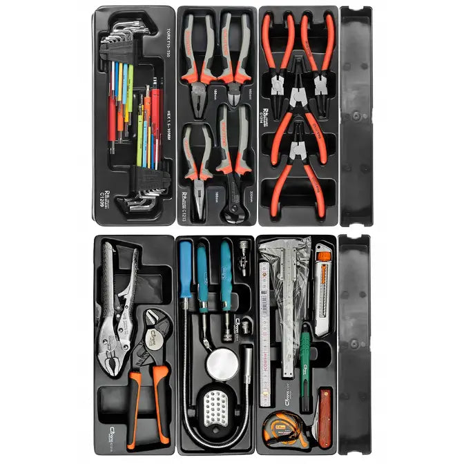 Verktøyskap Vogn Richmann, oversiktsbilde av sort brett med tang, skrutrekkere, sekskantnøkler og målebånd.