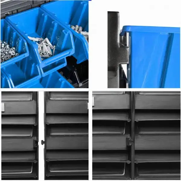 Verktøytavle med blå plastbokser fylt med skruer og muttere samt detalj av svarte paneler med festeanordninger.