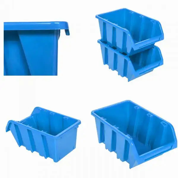 Blå oppbevaringsbokser i plast, detaljert visning av stabling og åpen front for lett tilgang til innhold.