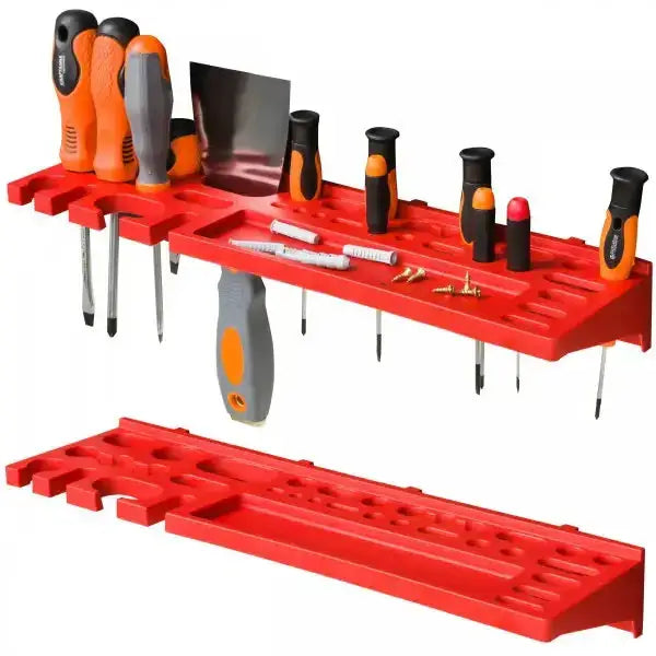 Verktøytavle 230x78 cm i rød plast, nærbilde med og uten håndverktøy plassert i åpninger og spor.