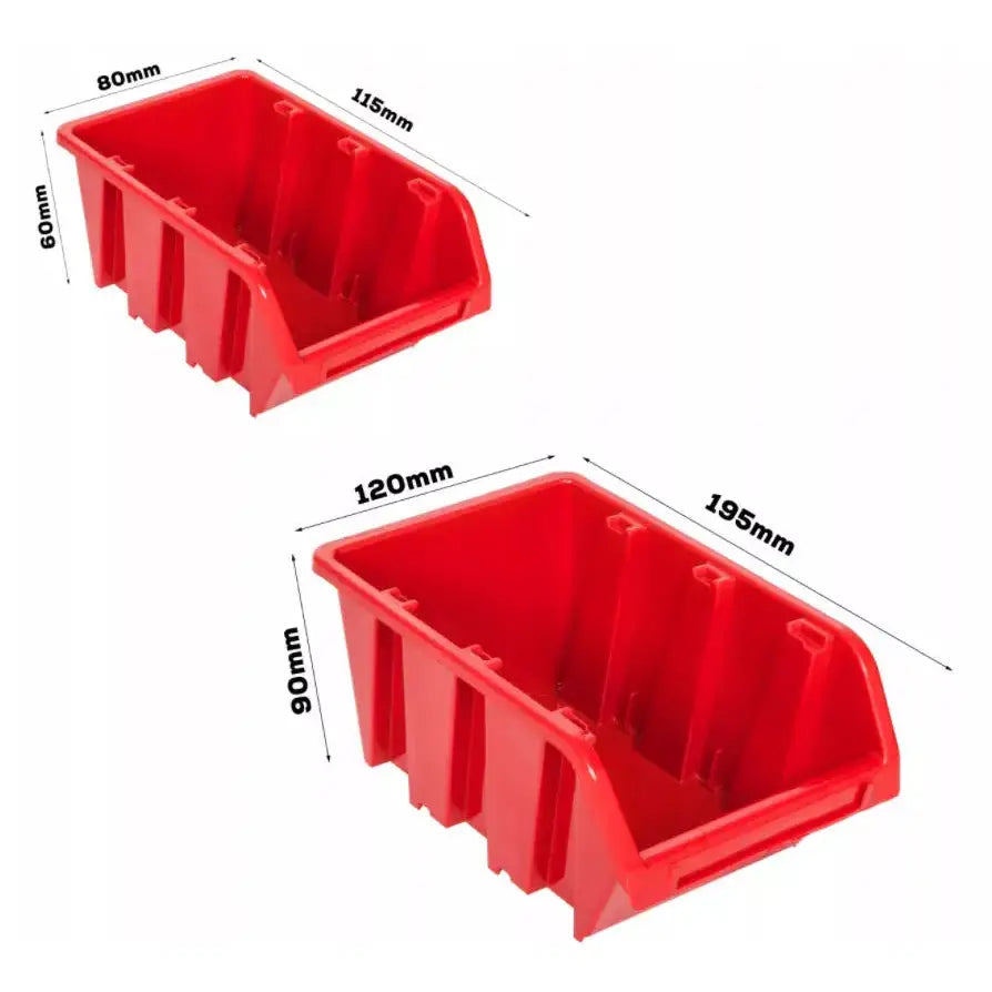 To røde plastbokser for verktøytavle, frontåpning og millimetermål synlig i perspektiv.