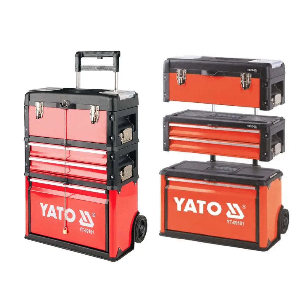 Verktøyvogn Verkstedsskap Yato, rød og svart modell med hjul, flere skuffer og låsbare rom, vist samlet og demontert.