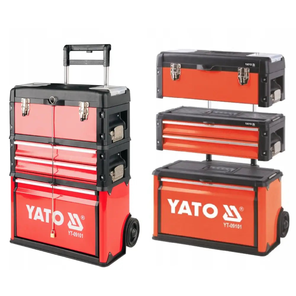 Verktøyvogn Verkstedsskap Yato, rød og svart, vises både samlet og i separate moduler med skuffer og kasser.
