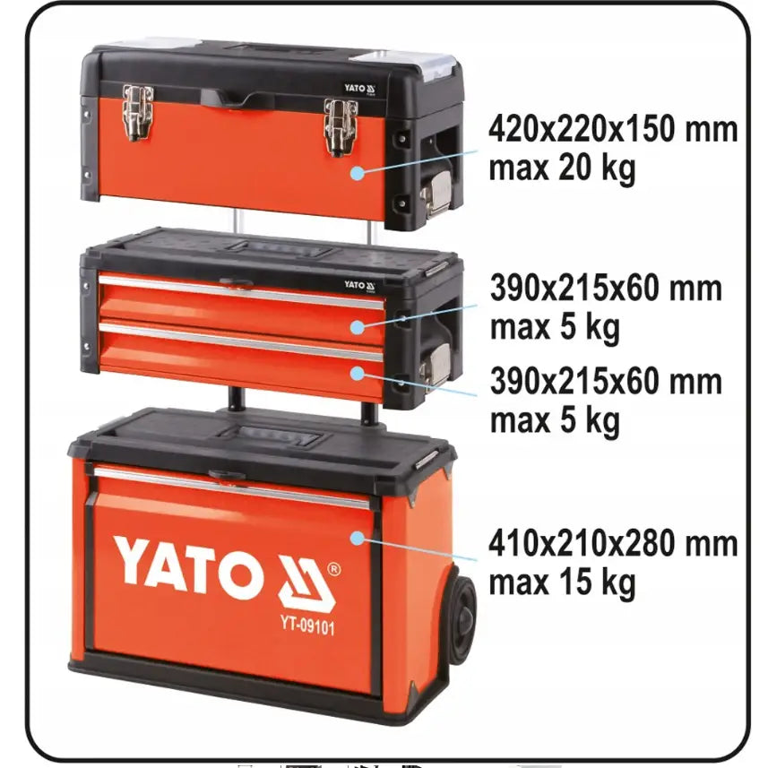 Verktøyvagn Verkstedsskap Yato, sidebilde som viser tredelt oransje verktøykasse med sorte detaljer og kapasitetsangivelser.