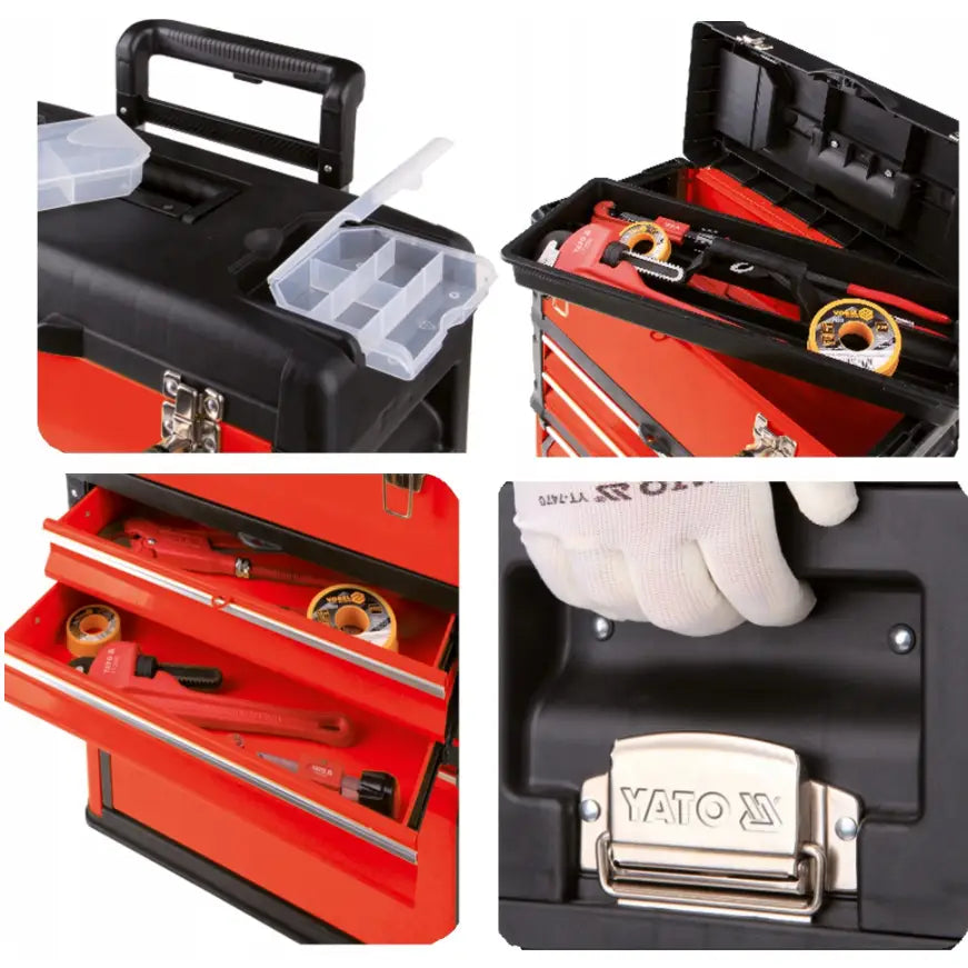 Verktøyvogn Verkstedsskap Yato, nærbilde av uttrekkbare skuffer, håndtak og rom for smådeler med logo.