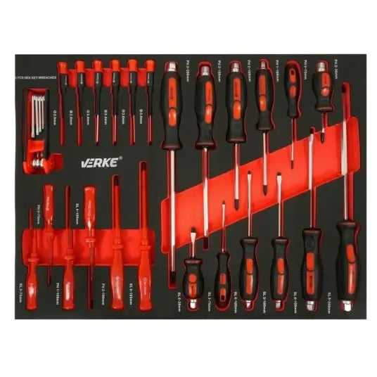 Verktøysett med skrutrekkere og unbrakonøkler i sort og rødt skuminnlegg, sett ovenfra med fargekodede håndtak.