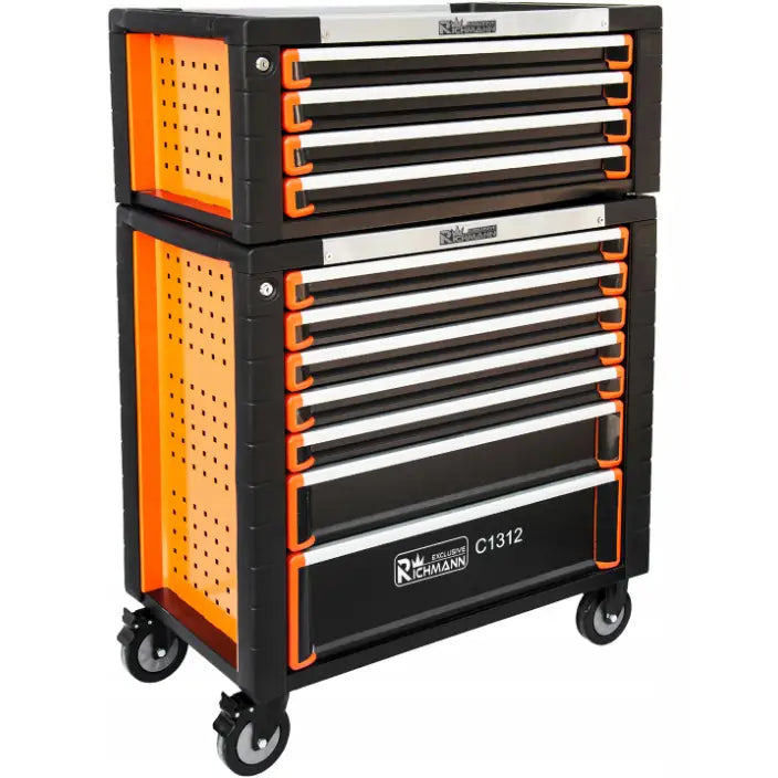 Verktøyvogn Corona med toppboks, sort design med oransje detaljer, åpne skuffer og perforerte sidepaneler.