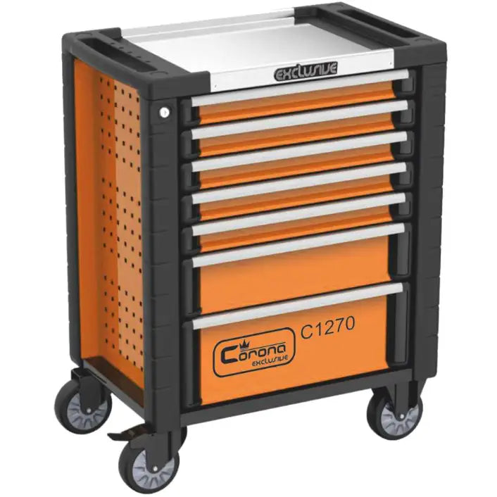Verktøyvogn Corona i oransje og svart, seks skuffer med sølvhåndtak, sett skrått forfra på hjul.