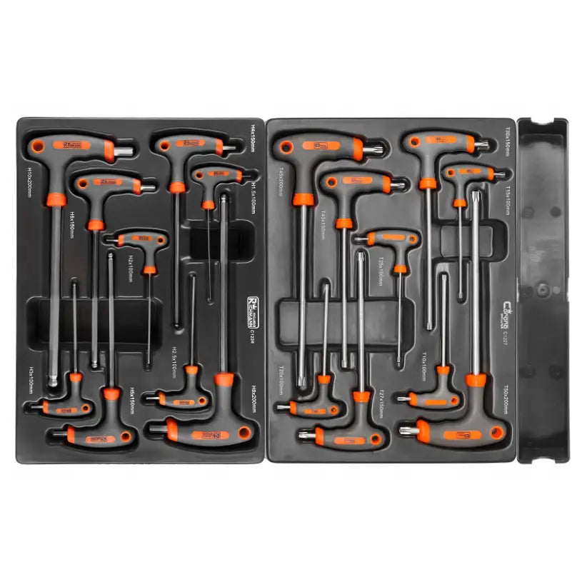 T-håndtak unbrakonøkler og torx-nøkler med svarte og oransje grep, sortert i plastinnsats, sett ovenfra.