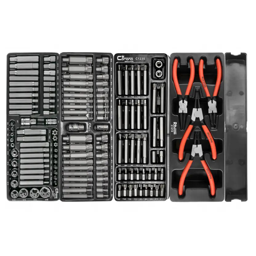 Verktøyvogn Corona, oversiktsbilde av bits, piper og fire rødhåndtaks tenger i sort innsats.