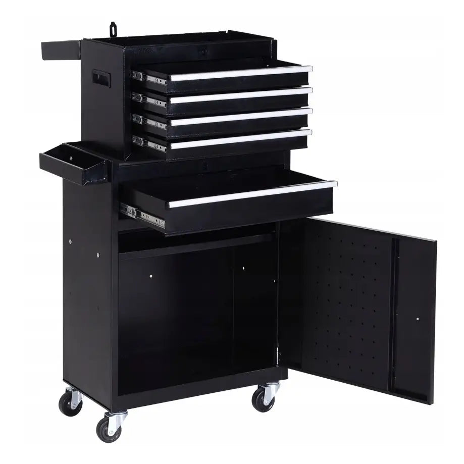 Verktøyvogn med 5 skuffer, skrå forfra med åpne skuffer og skapdør, sort metall på hvit bakgrunn.