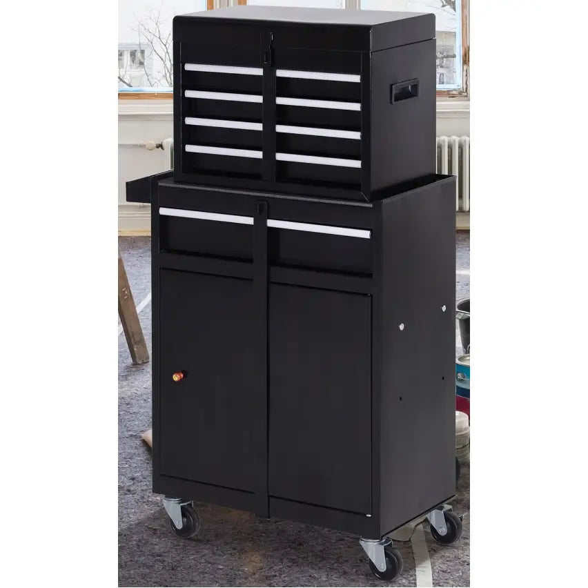 Verktøyvogn med fem hvite skuffer og doble underskap, sort metall, sett forfra med hjul og sidehåndtak.