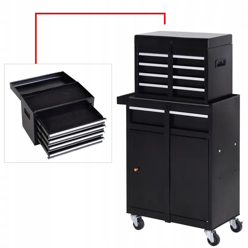 Verktøyvogn med 5 skuffer i svart stål, fokus på uttrekkbare skuffer og solide hjul for mobilitet.