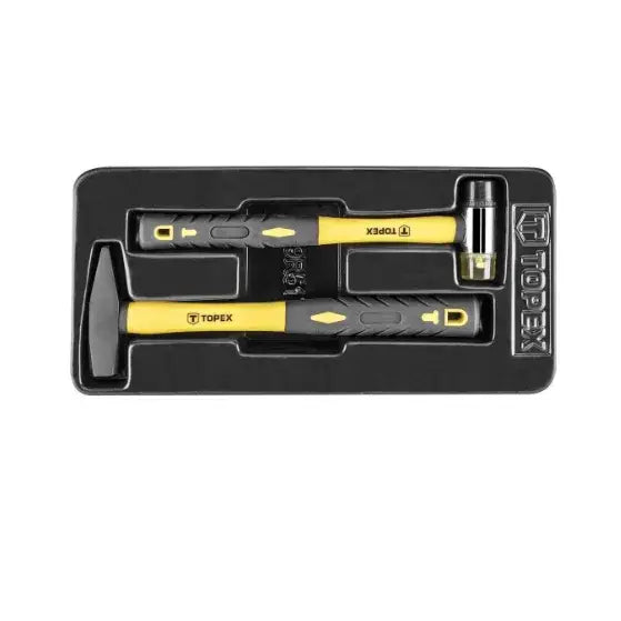 Topex verktøyvogn, to hammere med gule og svarte håndtak i plastinnsats, sett ovenfra.