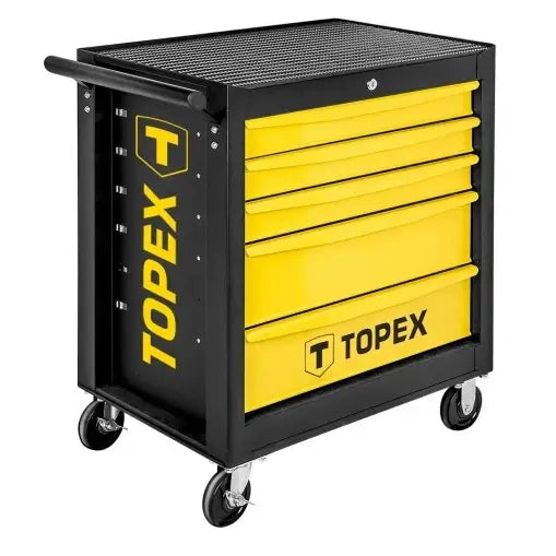 Verktøyvogn med fem skuffer fra Topex, sort og gul modell sett skrått forfra med tydelig logo.