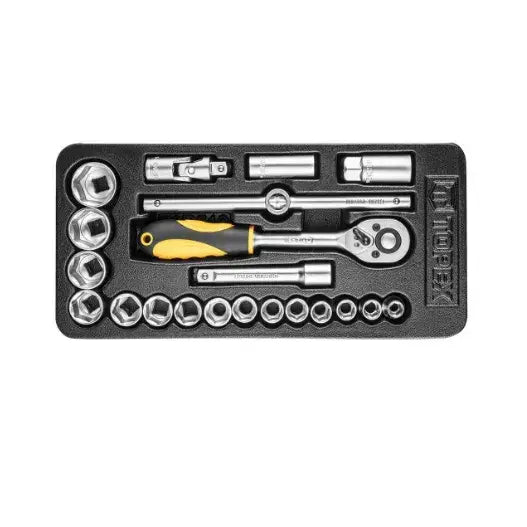 Pipeverktøysett i forkrommet metall, sort plastinnsats med gult og sort håndtak, sett ovenfra.