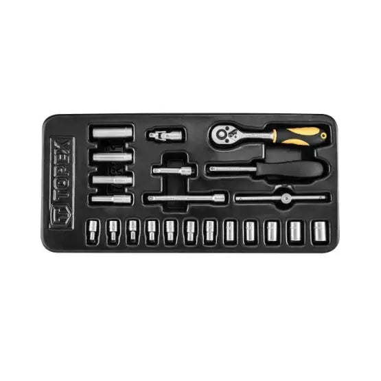 Verktøyvogn med 5 skuffer, oversiktsbilde av sort hylster med pipenøkler, skralle og gule håndtak.