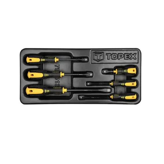 Åtte Topex-skrutrekkere med sorte og gule håndtak, organisert i svart plastinnlegg sett ovenfra.