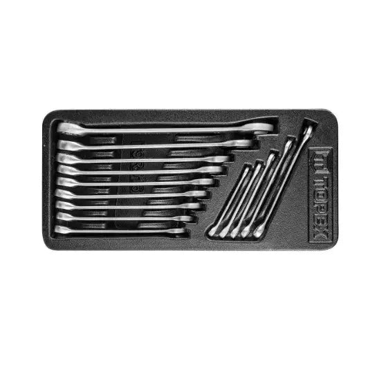 Ti Topex skrunøkler i ulike størrelser, sortert i plastinnsats med tydelig logo, sett ovenfra.