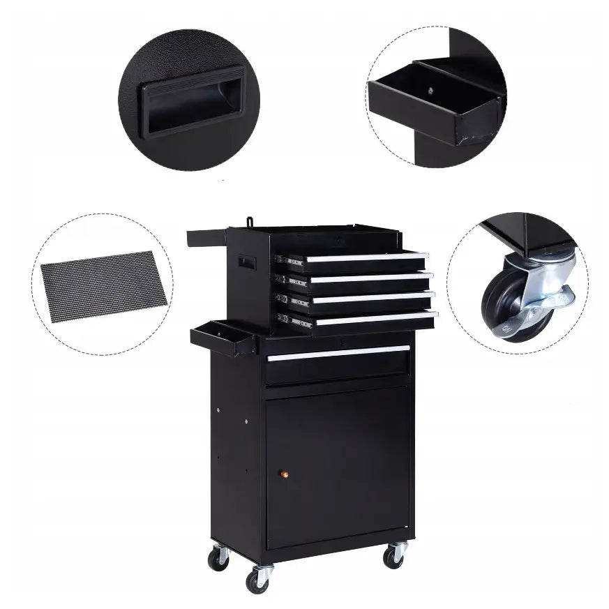 Verktøyvogn med 5 skuffer, detaljert nærbilde av metallhåndtak, skuff, hjul og sklisikkert underlag.