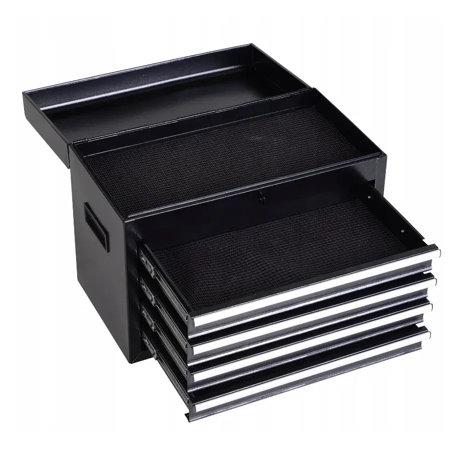 Verktøyvogn med 5 skuffer, svart metallskap med fire åpne skuffer og sølvfargede håndtak, skrå vinkel.