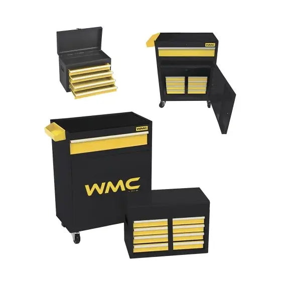 Verktøyvogn med fem gule skuffer, åpen og lukket, WMC-logo synlig foran i industrielt miljø.