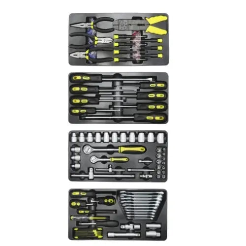 Verktøyvogn med 5 skuffer, oversiktsbilde av sorterte håndverktøy med svarte og gule håndtak i plastbrett.