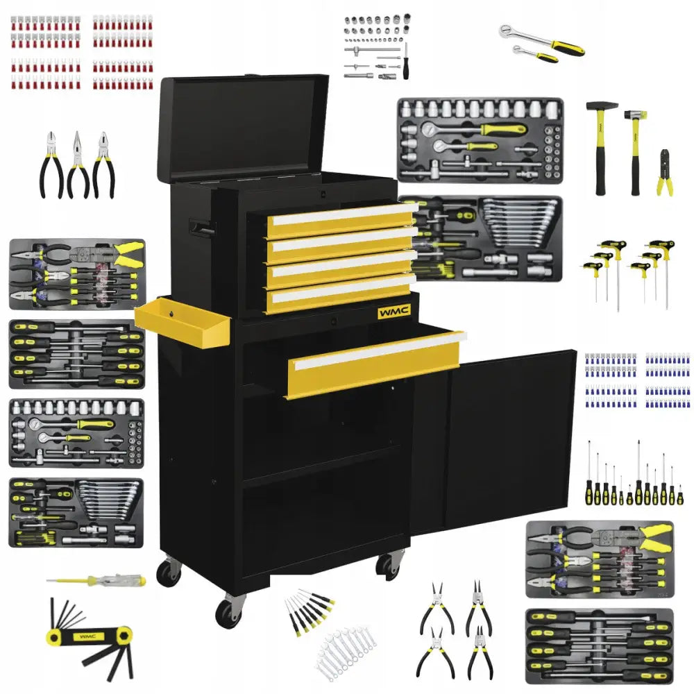 Verktøyvogn med 5 skuffer, åpen visning med utvalg av håndverktøy og tilbehør mot hvit bakgrunn.