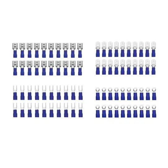Kabelsko med blå isolasjon, sortert i fire grupper med flatstift, gaffel og ring, sett ovenfra.