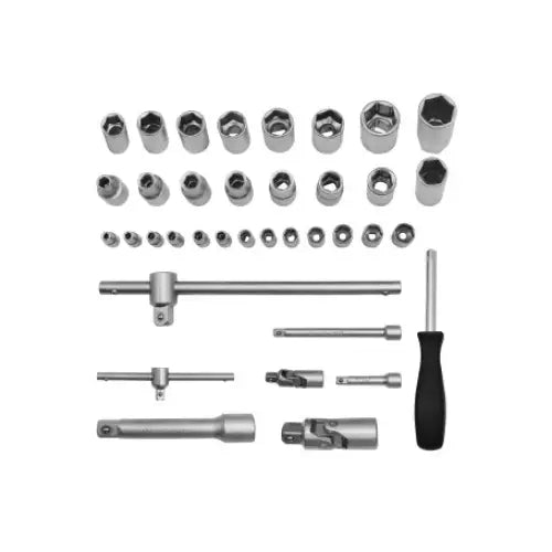 Sett med pipes og tilbehør for verktøyvogn, organisert flatt med forlengere og håndtak med sort grep.