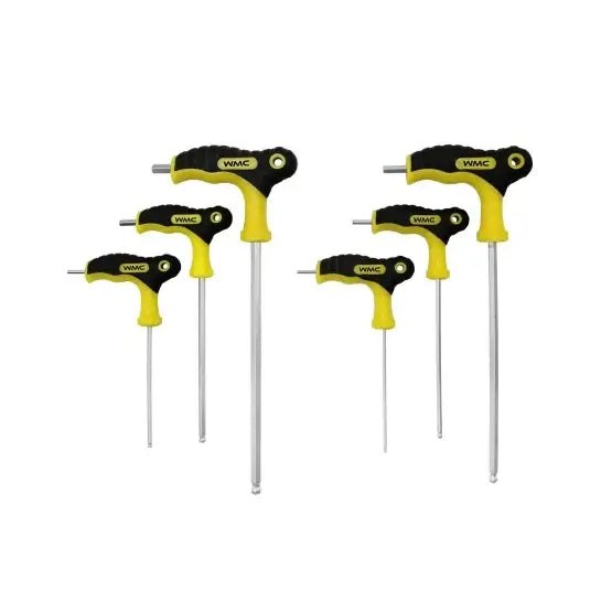 Seks T-håndtaknøkler med gult og svart grep i ulike størrelser, komplett sett mot hvit bakgrunn.