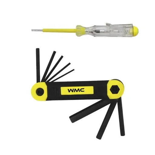 Gjennomsiktig skrutrekker med gult håndtak og sammenleggbart sort og gult multiverktøy med unbrakonøkler.