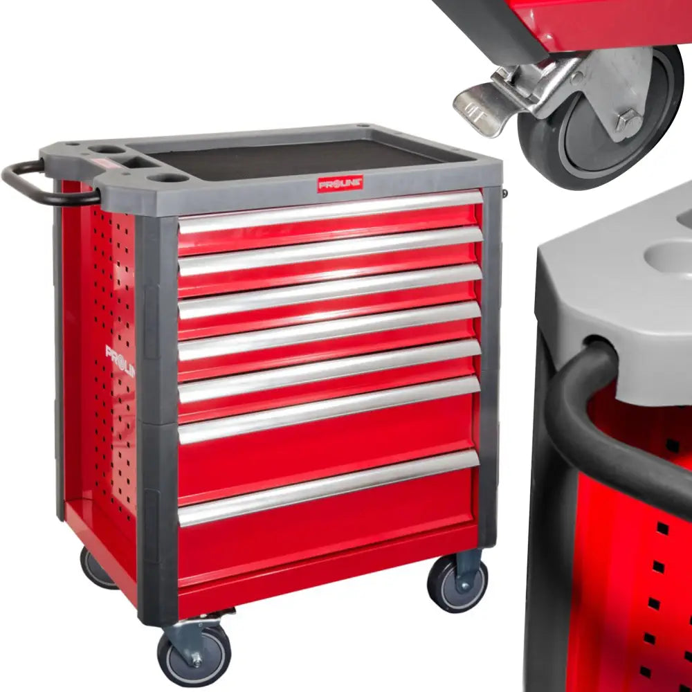 Verktøyvogn Proline, nærbilde av hjul og toppkant med integrert oppbevaringsrom og robuste håndtak.