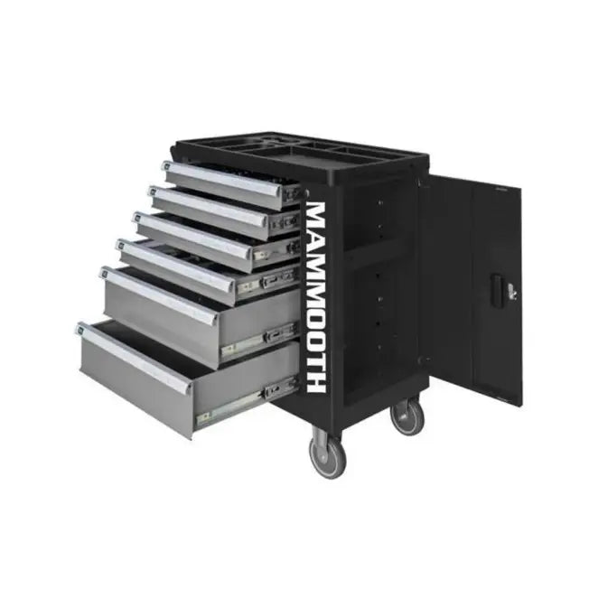 Verktøyvogn fra Mammooth i sort og sølv, seks skuffer, åpent skap og store hjul med synlig logo.