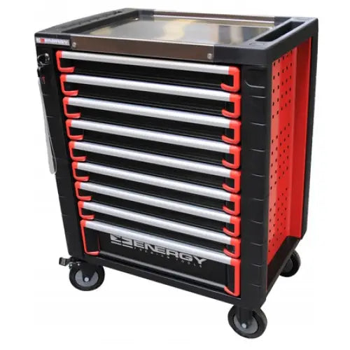 Verktøyvogn på hjul med utstyr, skrå vinkel viser åtte skuffer, perforerte sidepaneler og solide transporthjul.