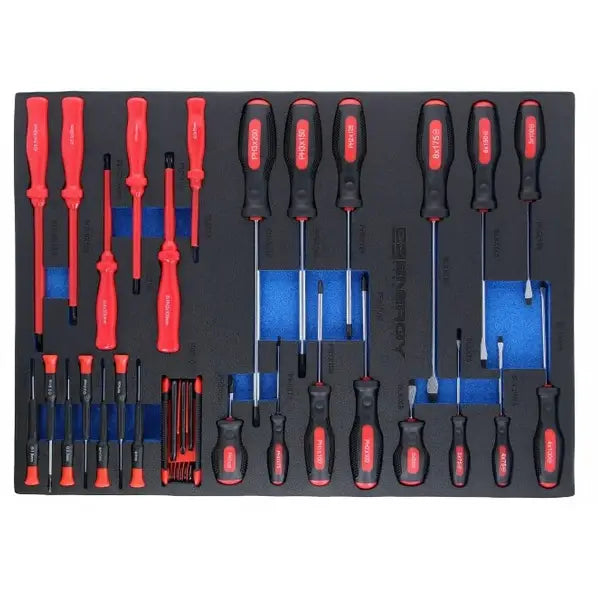 Skrutrekkere og presisjonsverktøy sortert i svart skuminnsats med blå bakgrunn, sett ovenfra.