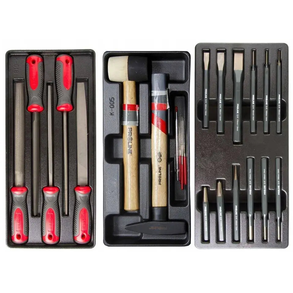 Verktøyvogn Proline, toppbilde som viser filer med røde håndtak, hammere med treskaft og meisler i sort innsats.