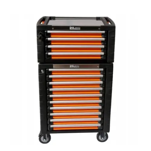 Verktøyvogn med ti oransje og sølv skuffer, sett forfra, viser hjul og håndtak på sidene.