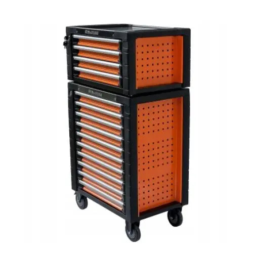 Verktøyvogn Skap med 10 skuffer, sort og oransje, skrå vinkel som fremhever sølvhåndtak og perforerte sider.