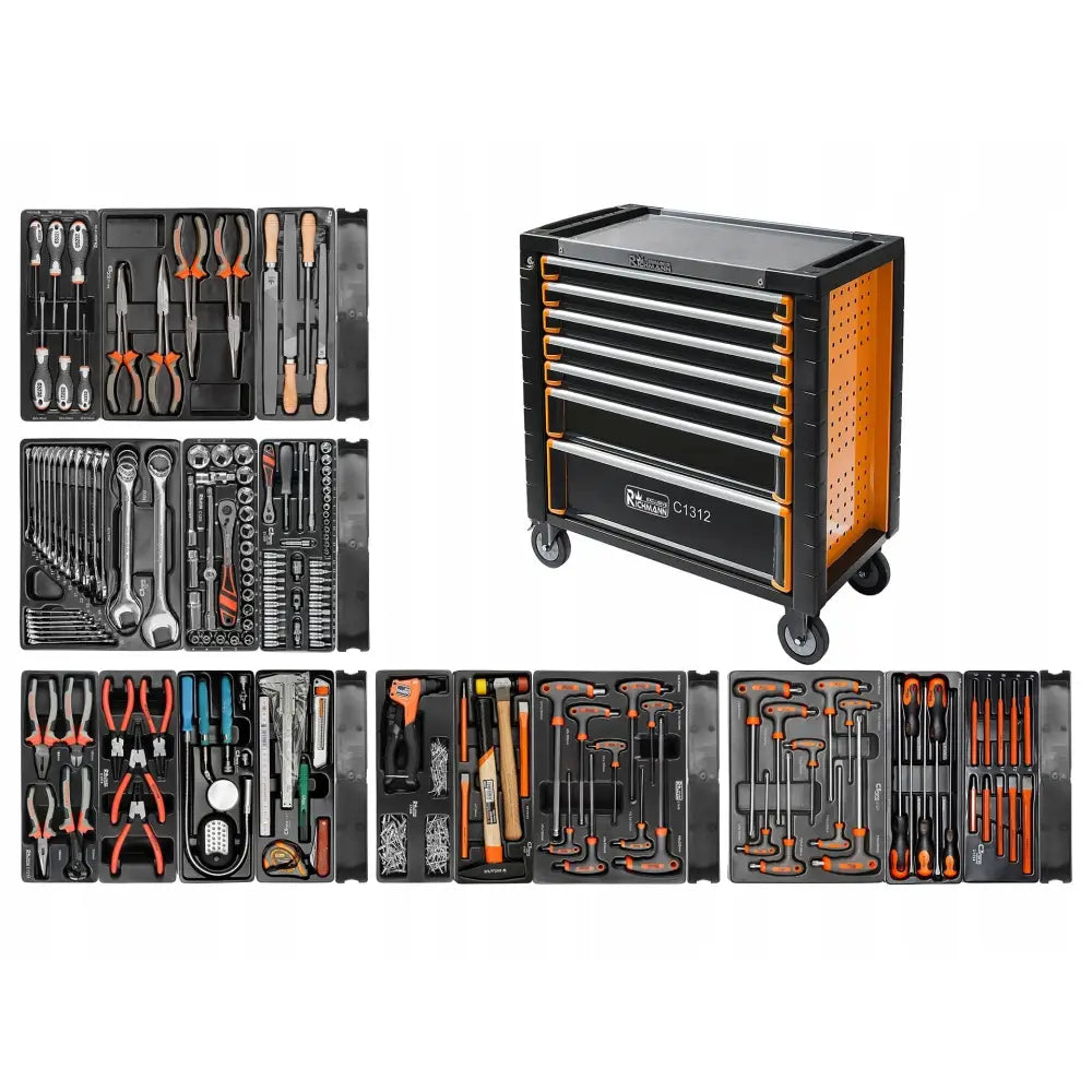 Verktøyvogn med oransje detaljer, skuffer åpnet for å vise sortert håndverktøy som skrutrekkere og tenger.