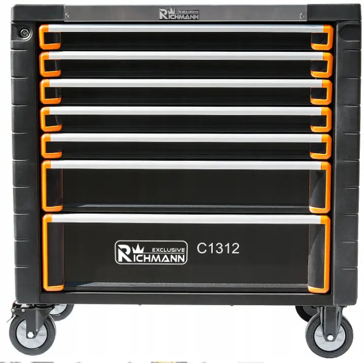 Verktøyvogn Skap Richmann, frontbilde som viser oransje håndtak på metallskuffer og solide hjul.