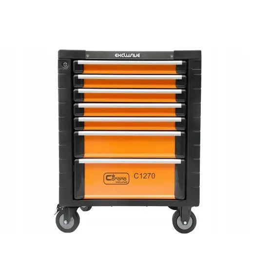 Verktøyvogn i oransje og svart metall med seks skuffer, fire hjul og sølvfarget håndtak, sett forfra.