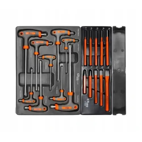 T-håndtak unbrakonøkler og sylformede verktøy med oransje håndtak i sort hardplastetui, sett ovenfra.