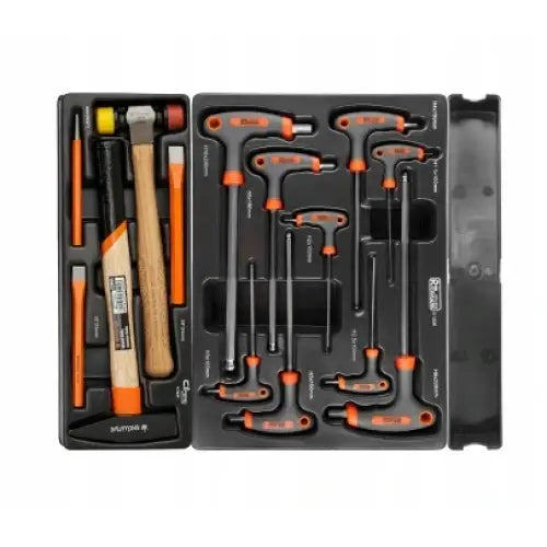 Verktøyvogn Skap Richmann, oversiktsbilde av håndverktøy i plastinnsats med oransje detaljer og treskaft.