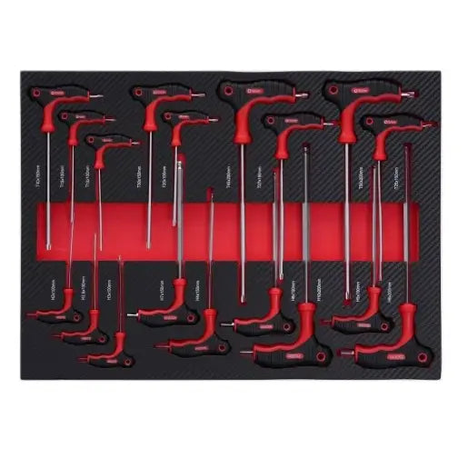 T-håndtak unbrakonøkler i svart og rødt, sortert i skuminnlegg fra oversiktsvinkel.