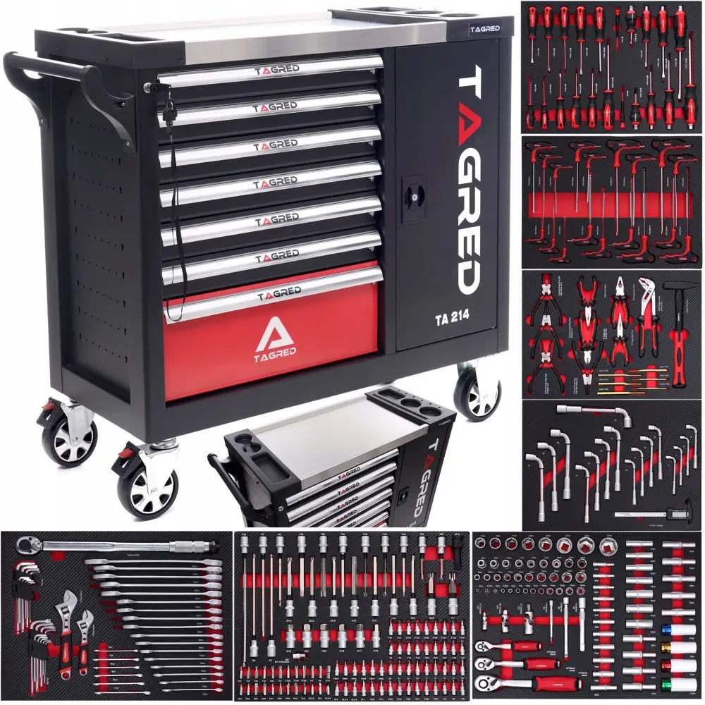 Verktøyvogn Tagred med 298 deler, vist i vinkel med åpne skuffer som fremhever sortert verktøy.