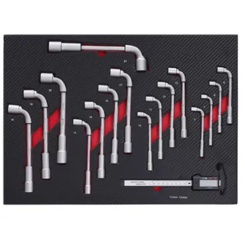 Verktøyvogn Tagred, sort skuminnlegg med L-formede pipenøkler i flere størrelser og måleverktøy nederst.